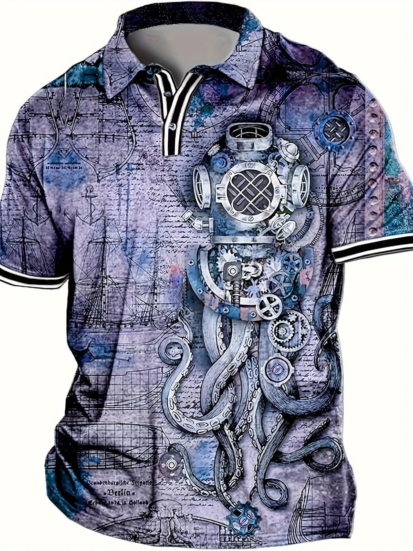 Men's Casual Shirt with Unique Octopus Print - Breathable Polyester, Perfect for Golf & Outdoor Activities